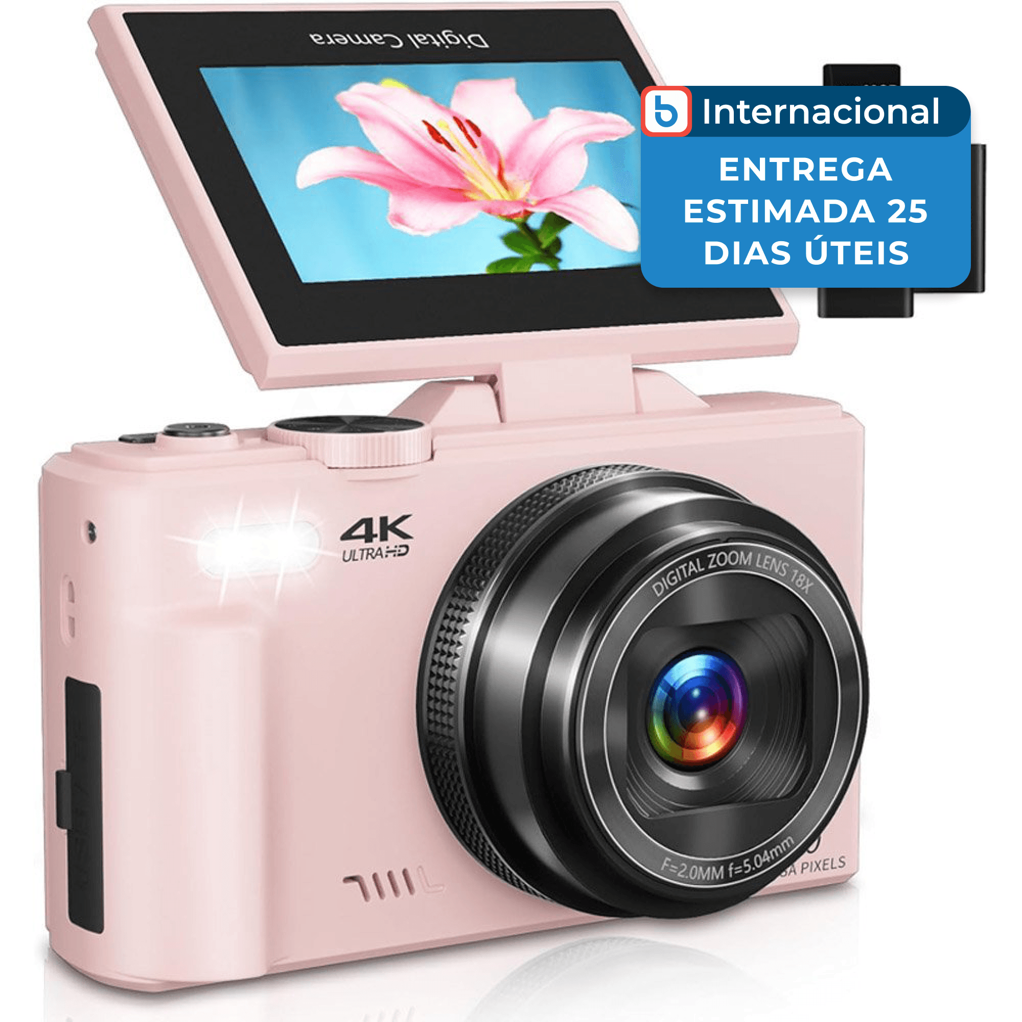Câmera Digital 4k 32gb E 2 Baterias Gavonde Rosa A-MBI