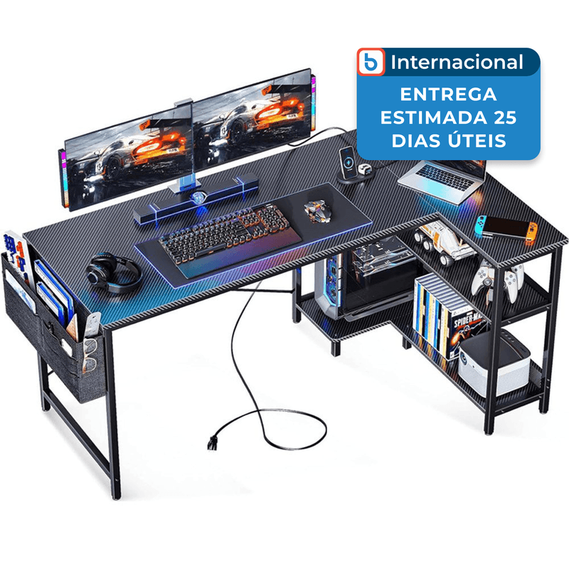 mesa gamer com tomadas em formato de l com superfície de fibra de carbono odk preto a-mbi
