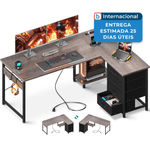 mesa gamer em formato de l com 4 gavetas com carregamento usb aodk cinza a-mbi
