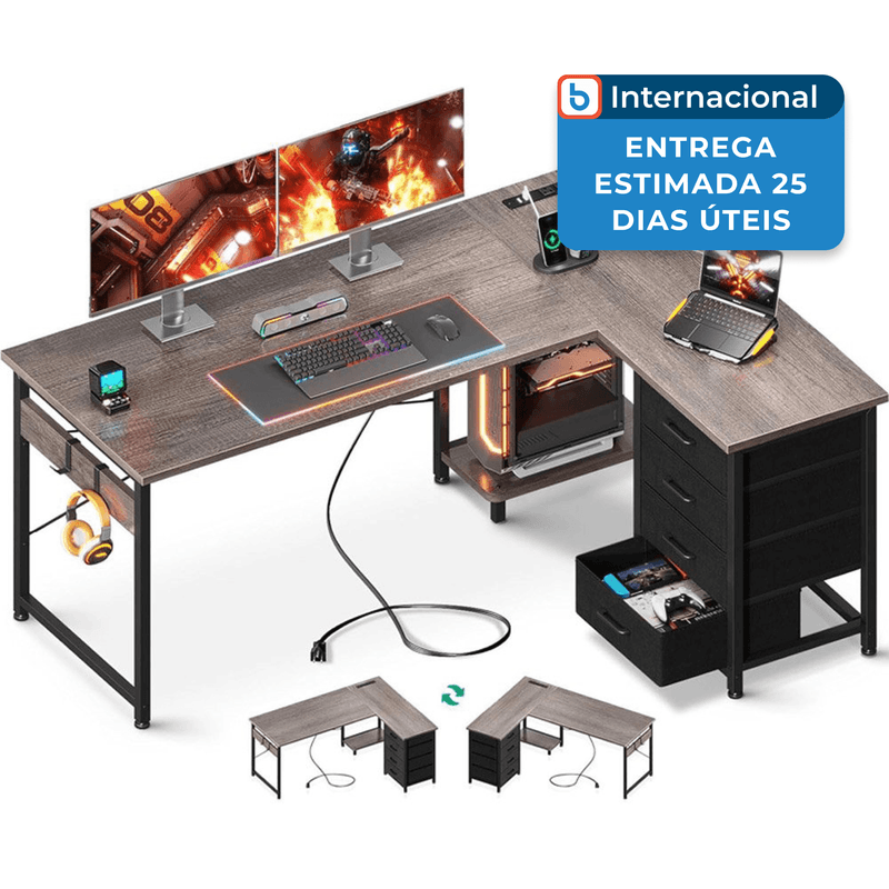 mesa gamer em formato de l com 4 gavetas com carregamento usb aodk cinza a-mbi