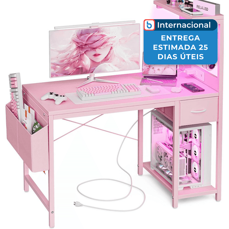 Mesa Gamer Grandder com Luz LED e Tomada Rosa | Bemol