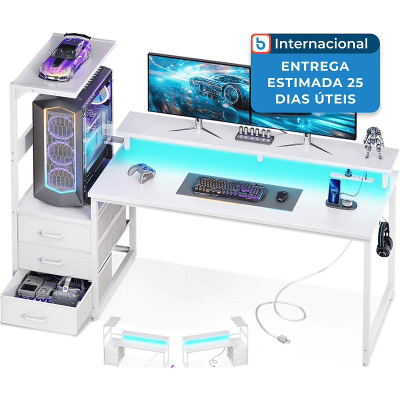 mesa gamer com portas de carregamento usb e led aodk branco a-mbi