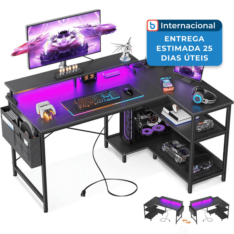 mesa gamer com tomadas usb e luzes led em formato de l reversível odk preto a-mbi