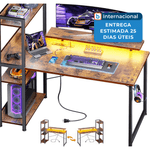mesa gamer com tomadas usb e luzes led reversível odk marrom a-mbi