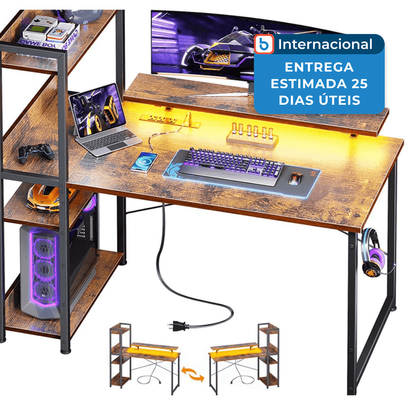 mesa gamer com tomadas usb e luzes led reversível odk marrom a-mbi
