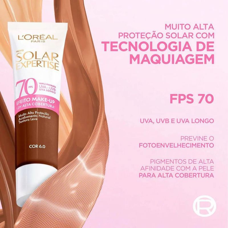 protetor solar facial loréal paris solar expertise efeito make up fps70 cor 6.0 30g