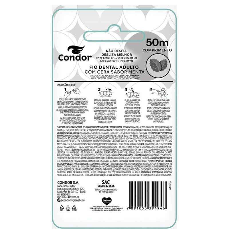 fio dental condor ursinhos carinhosos sabor menta 50m