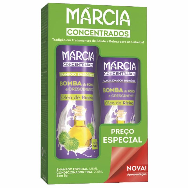 kit shampoo 325ml + condicionador 200ml márcia bomba de força e crescimento óleo de rícino