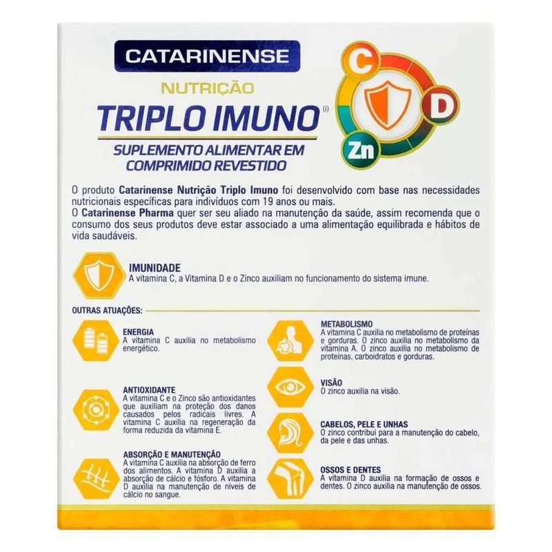 triplo imuno zinco vitamina c e d 30 comprimidos catarinense nutrição