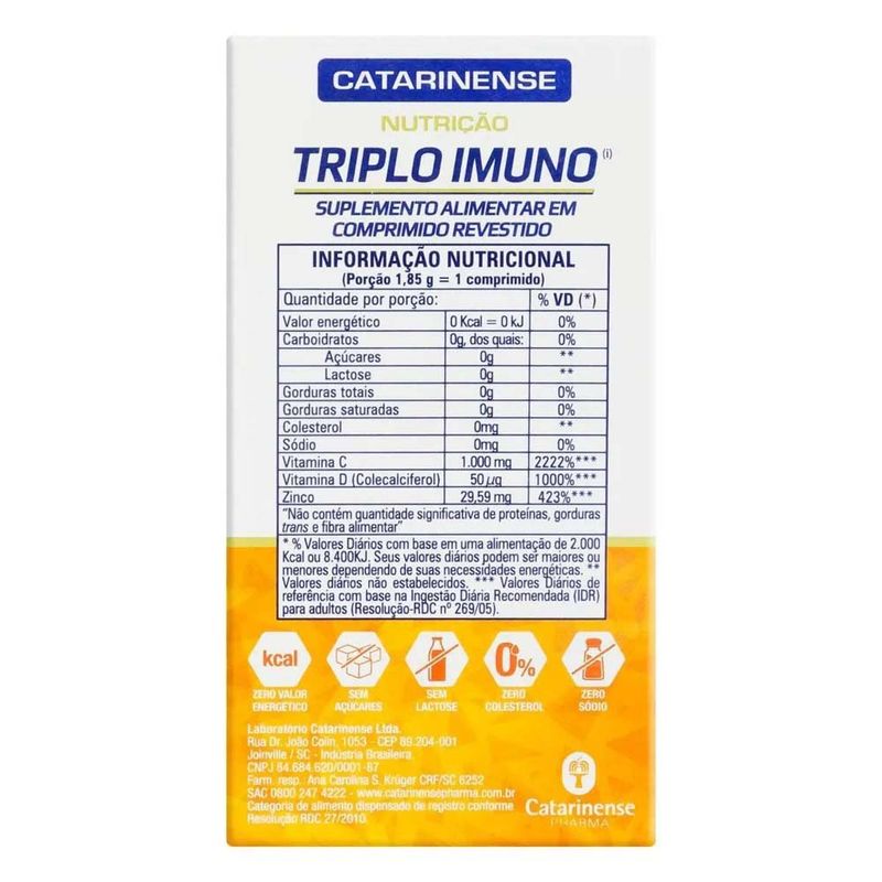 triplo imuno zinco vitamina c e d 30 comprimidos catarinense nutrição