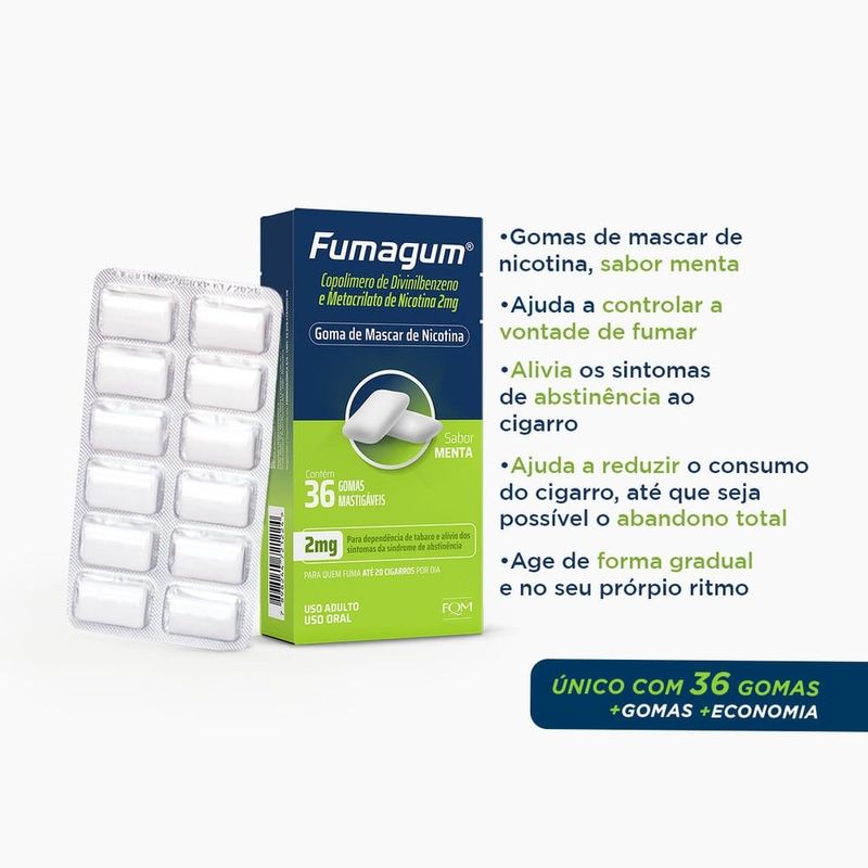 fumagum nicotina 2mg 36 gomas mastigáveis sabor menta fqm