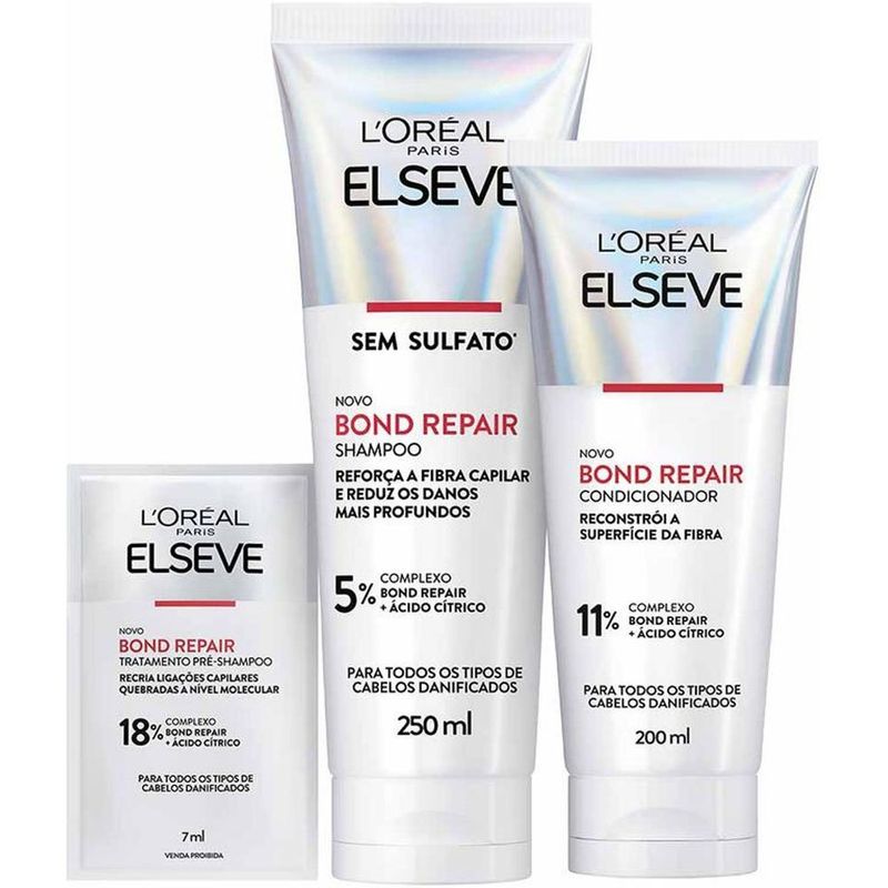 kit l'oréal paris elseve bond repair shampoo 250ml + condicionador 200ml + tratamento pré-shampoo sachê 7ml