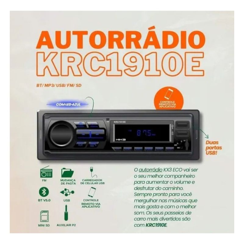 som automotivo kx3 mp3 com 2 entradas usb led/sd krc1910e (mp)
