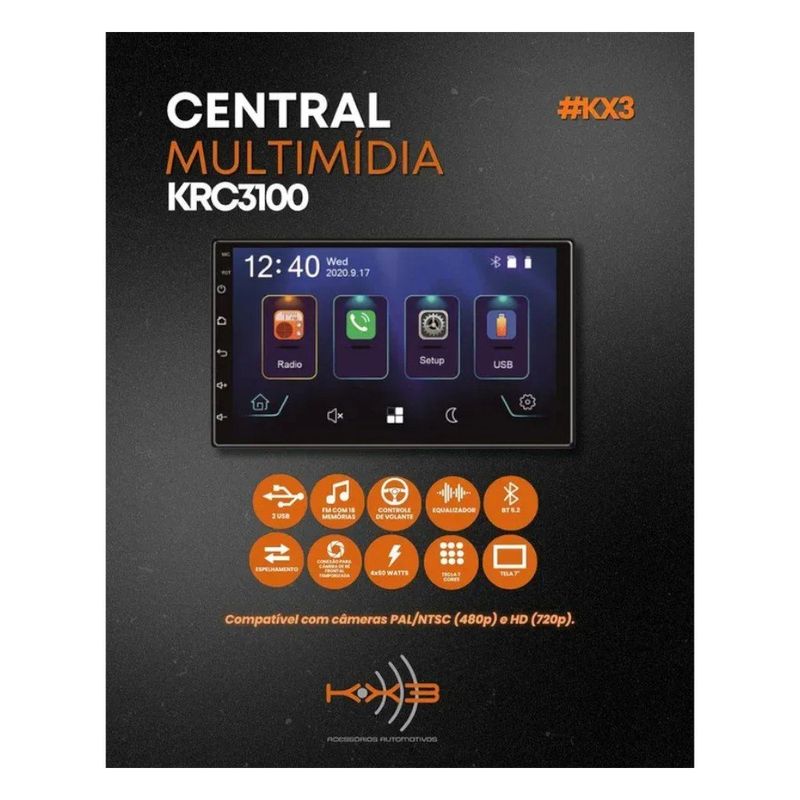 central multimídia kx3 carplay e android 7 2din ahd espelhamento sem fio krc3100 (mp)