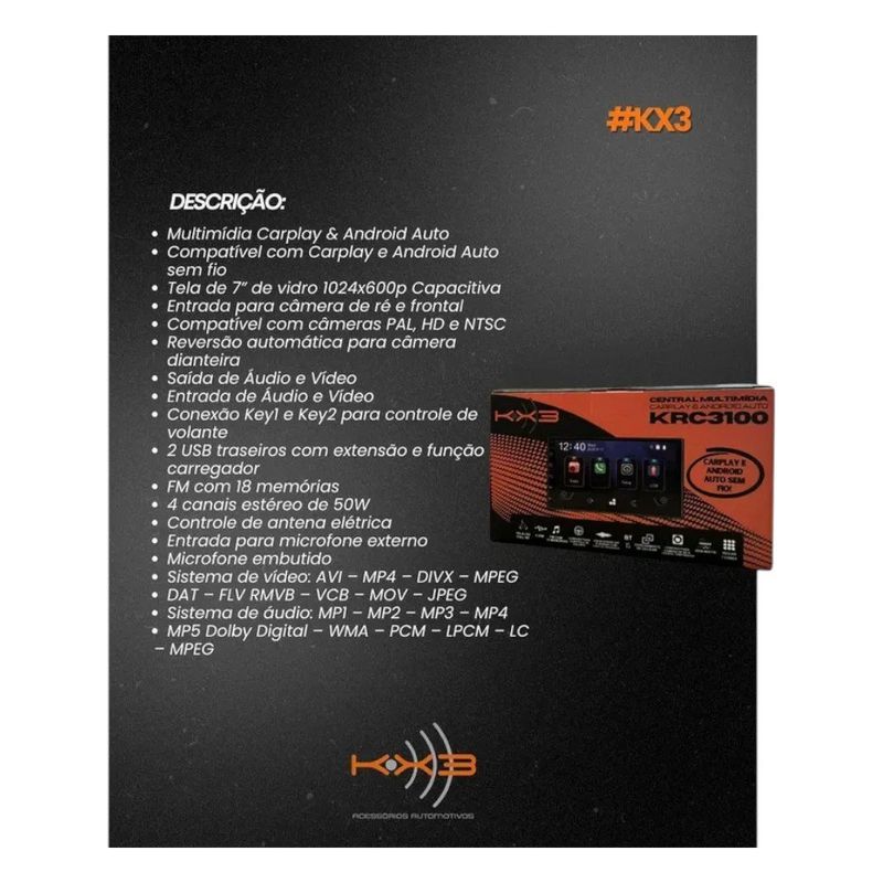 central multimídia kx3 carplay e android 7 2din ahd espelhamento sem fio krc3100 (mp)