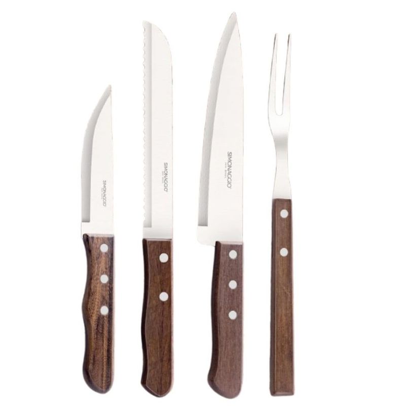 conjunto de talheres para churrasco simonaggio 4 peças inox cabos de madeira natural (mp)
