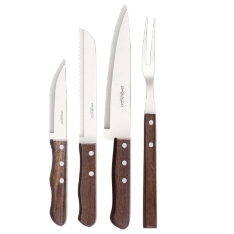 conjunto de talheres para churrasco simonaggio 4 peças inox cabos de madeira natural (mp)