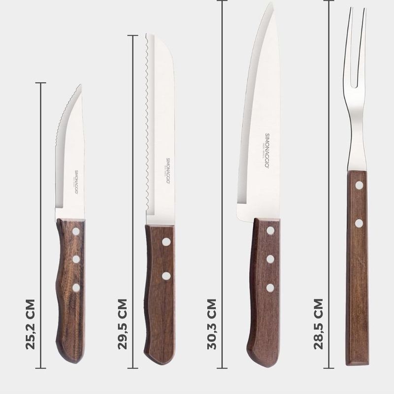 conjunto de talheres para churrasco simonaggio 4 peças inox cabos de madeira natural (mp)