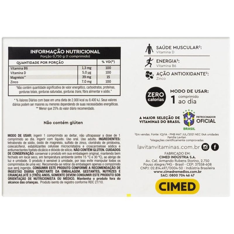 lavitan zma performance 30 comprimidos polivitamínico zinco magnésio vitamina b6 e boro cimed