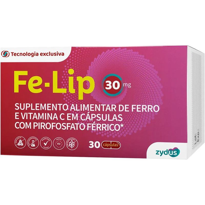 fe-lip 30mg 30 cápsulas suplemento alimentar ferro e vitamina c pirofosfato férrico zydus