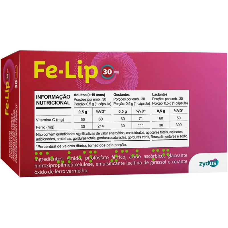 fe-lip 30mg 30 cápsulas suplemento alimentar ferro e vitamina c pirofosfato férrico zydus