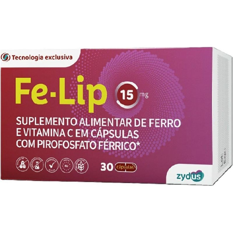 fe-lip 15mg 30 cápsulas suplemento alimentar ferro e vitamina c pirofosfato férrico zydus