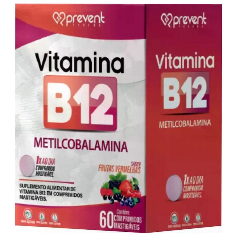 vitamina b12 metilcobalamina 60 comprimidos mastigáveis frutas vermelhas prevent pharma