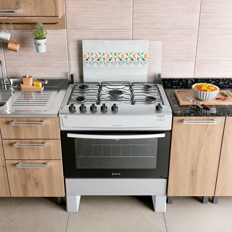 fogão 5 bocas atlas milão top com mesa de inox bivolt branco 300001774
