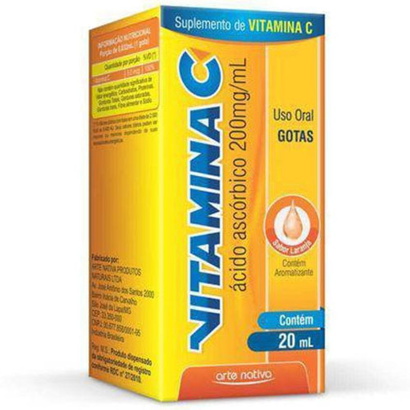 vitamina c ácido ascórbico 200mg/ml 20ml gotas sabor laranja arte nativa