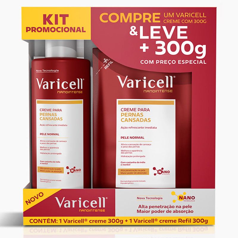 kit varicell creme para pernas cansadas pele normal 300g + refil 300g fqm