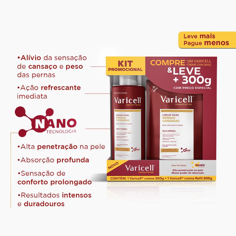 kit varicell creme para pernas cansadas pele normal 300g + refil 300g fqm
