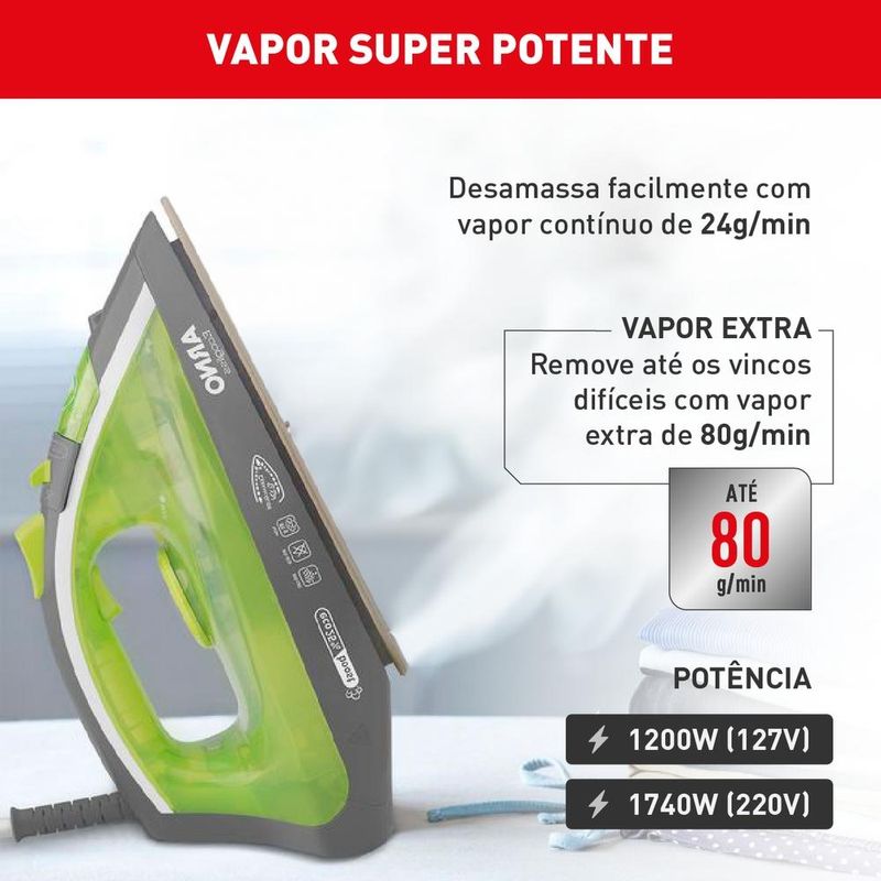 ferro de passar a vapor arno ecogliss 1200w, 127v verde - fec1