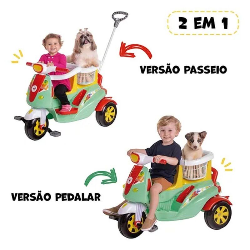 triciclo calesita moto duo color 2 crianças guia e pedal (mp)