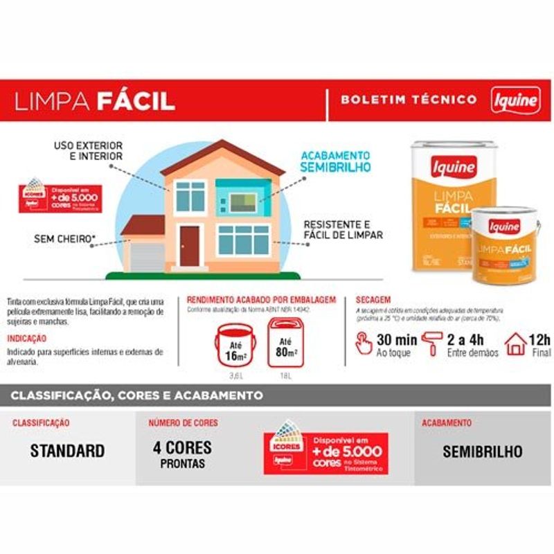 tinta acrilica iquine standard semibrilho 3,2l limpa fácil 020 marfim (mp)