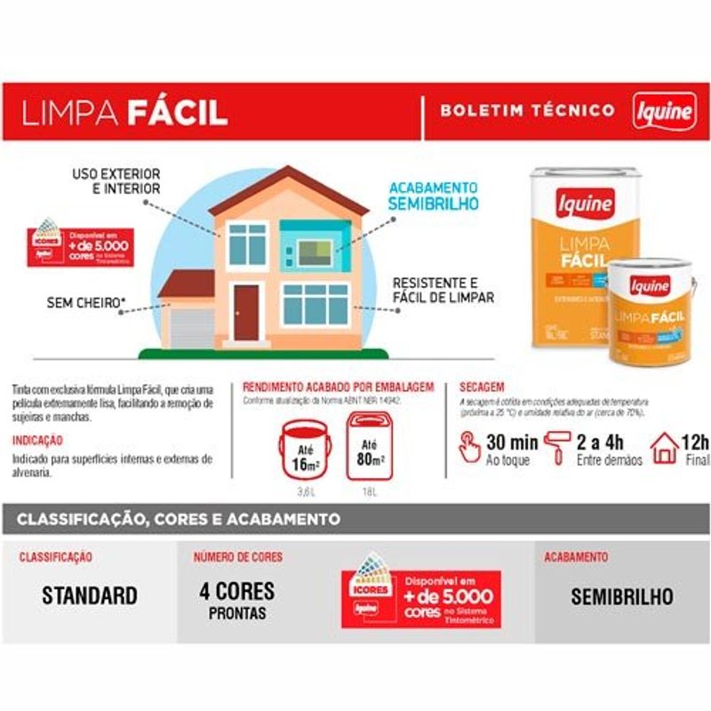 tinta acrilica iquine standard semibrilho 3,2l limpa fácil 2283 fisalita (mp)