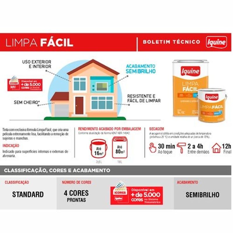 tinta acrílica standard iquine semibrilho 3,2l limpa fácil 1041 bonito (mp)