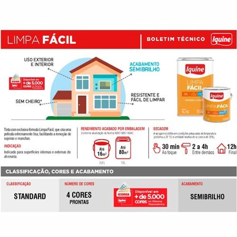tinta acrilica iquine standard semibrilho 16l limpa fácil 1730 cajá (mp)