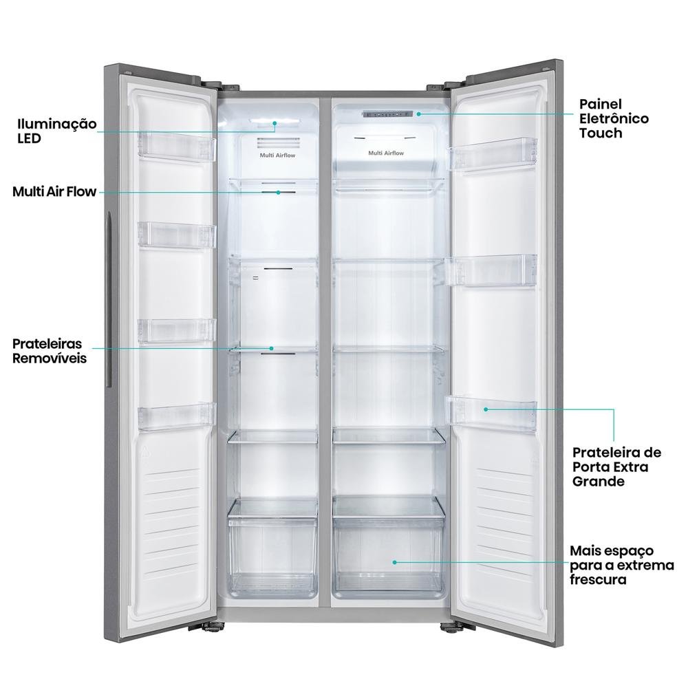 Encontraproduto.com.br - Geladeira 428L Hisense RS3P428 Side by Side Inverter Frost Free Portas Planas Puxador Embutido Cinza 110V