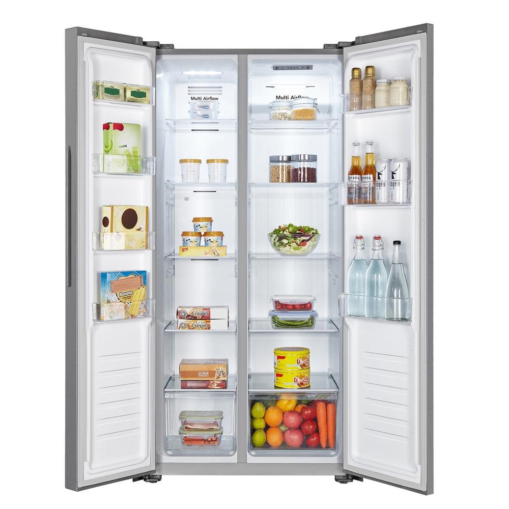 Encontraproduto.com.br - Geladeira 428L Hisense RS3P428 Side by Side Inverter Frost Free Portas Planas Puxador Embutido Cinza 110V