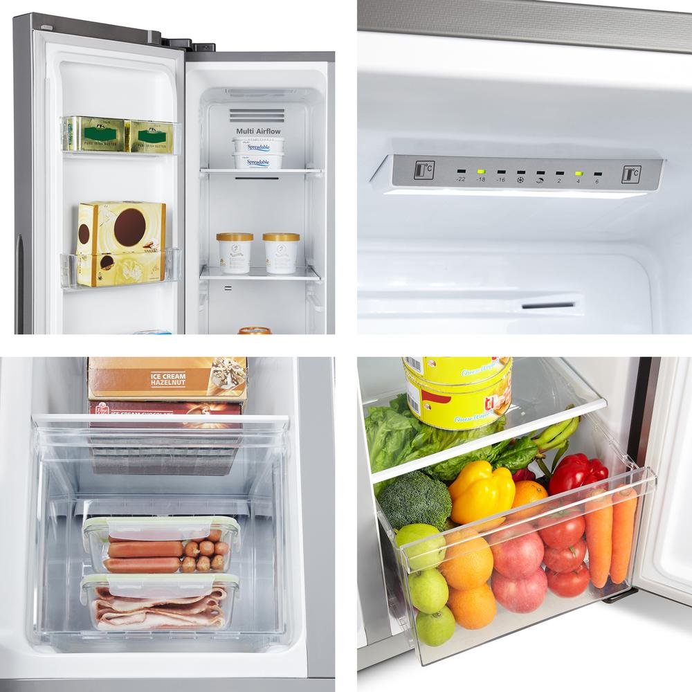 Encontraproduto.com.br - Geladeira 428L Hisense RS3P428 Side by Side Inverter Frost Free Portas Planas Puxador Embutido Cinza 110V