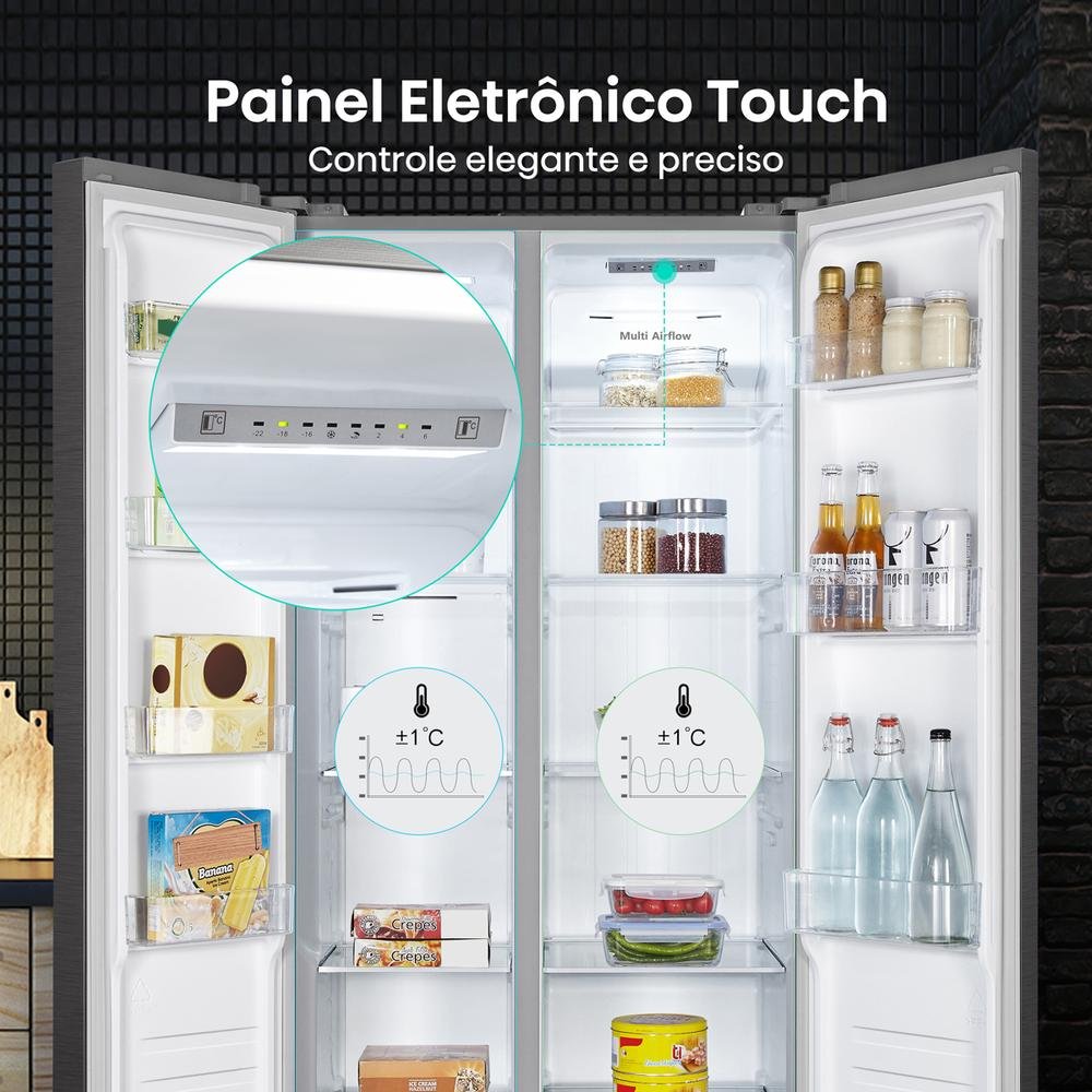 Encontraproduto.com.br - Geladeira 428L Hisense RS3P428 Side by Side Inverter Frost Free Portas Planas Puxador Embutido Cinza 110V