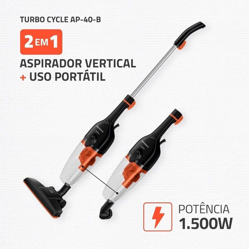 aspirador de pó mondial vertical 2 em 1 turbo cycle a500w preto e laranja ap-40-r