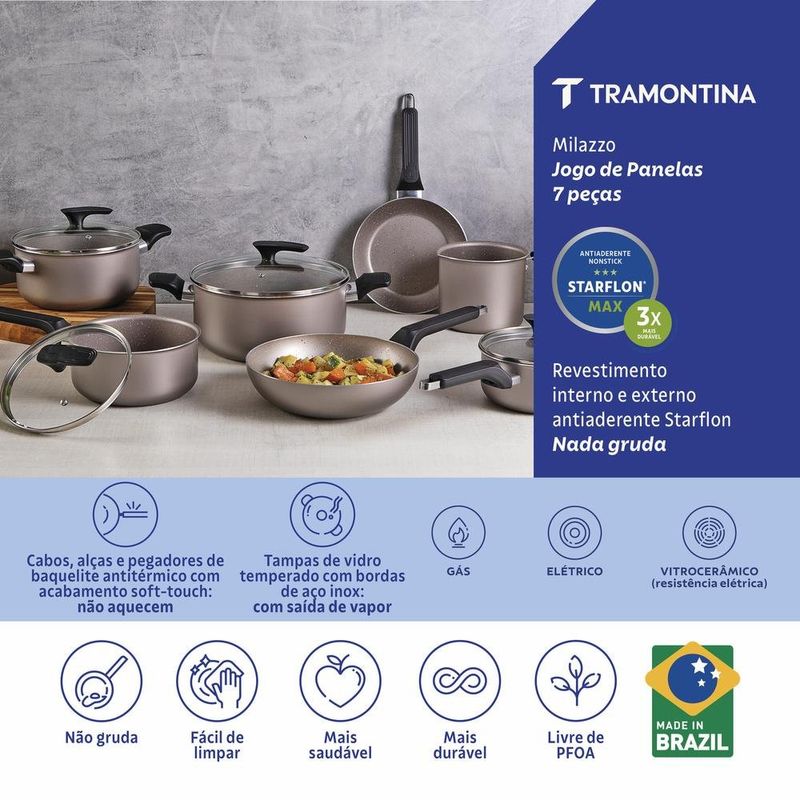jogo de panelas tramontina milazzo alumínio 7 peças amêndoa (mp)