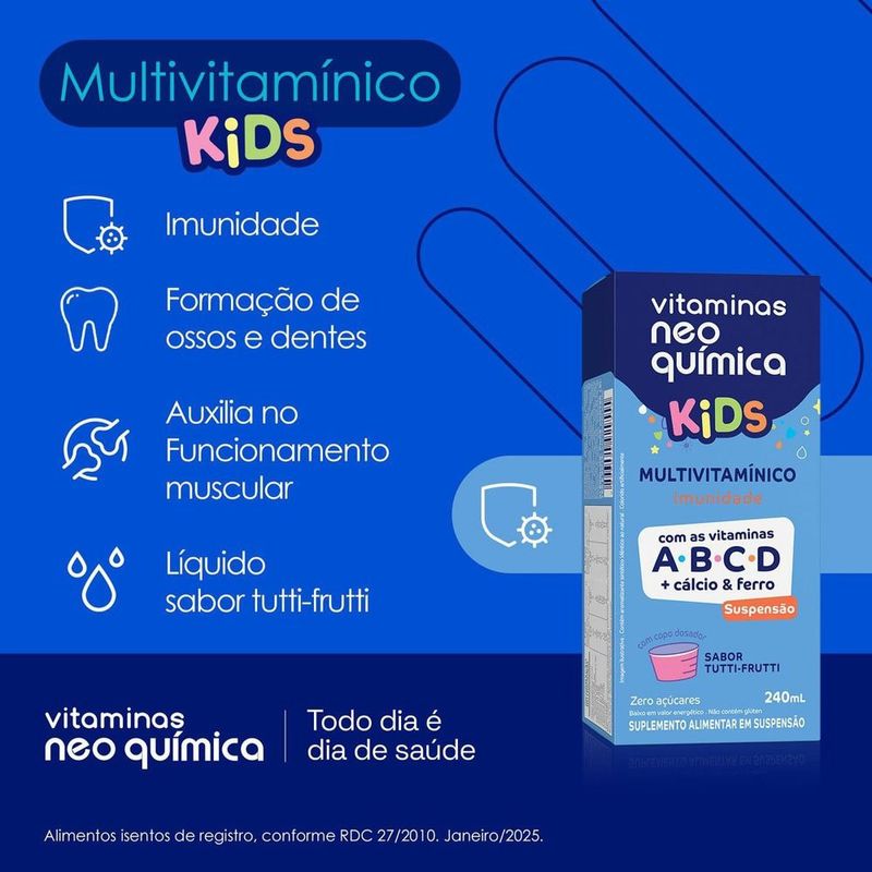 multivitamínico kids líquido 240ml suspensão sabor tutti-frutti neo química