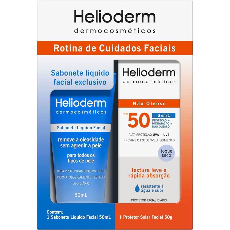 kit helioderm sabonete líquido facial 50ml + protetor solar facial fps50 50g