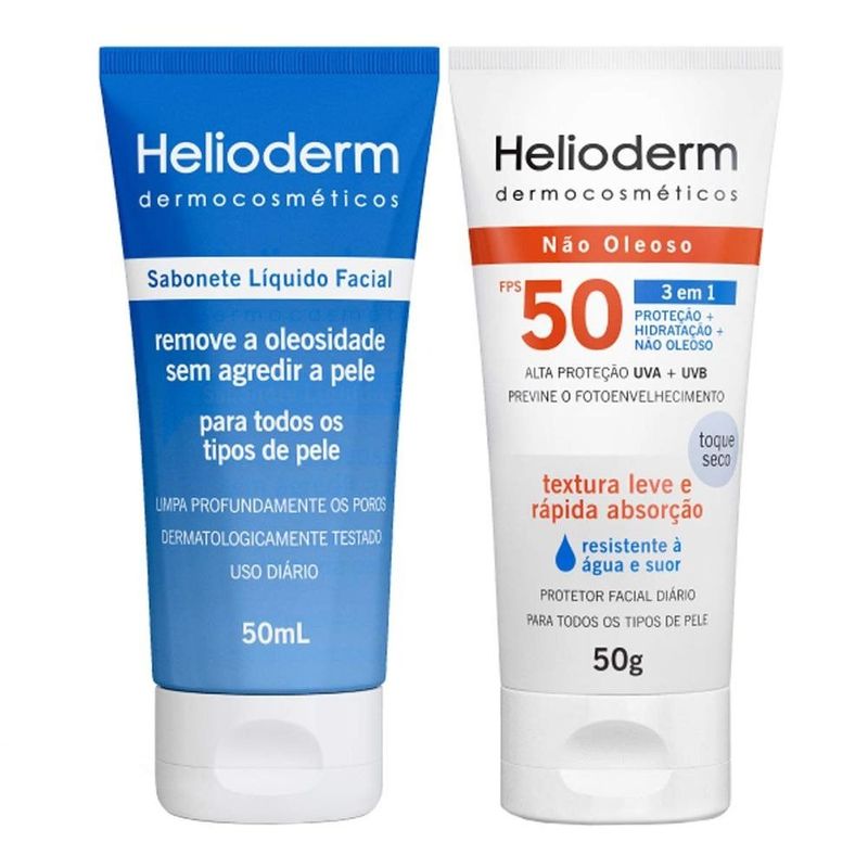 kit helioderm sabonete líquido facial 50ml + protetor solar facial fps50 50g