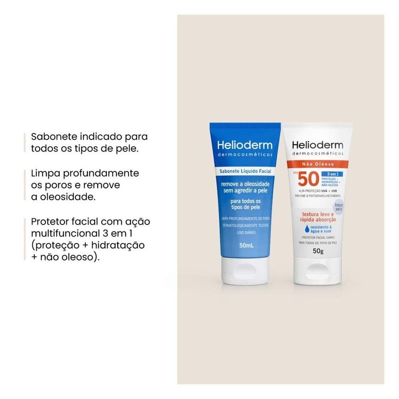 kit helioderm sabonete líquido facial 50ml + protetor solar facial fps50 50g
