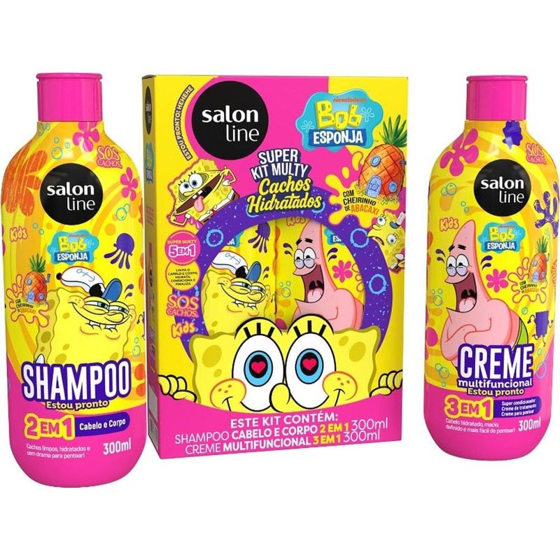 kit sos cachos bob esponja salon line shampoo 300ml + creme multifuncional 300ml