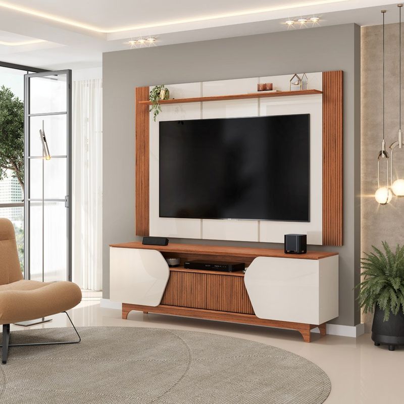 rack com painel para tvs até 75" dj móveis helo cor freijó com off white