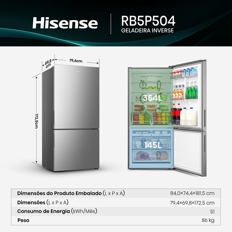 geladeira hisense inverse frost free 499 litros porta reversível 127v inox rb5p504nac31